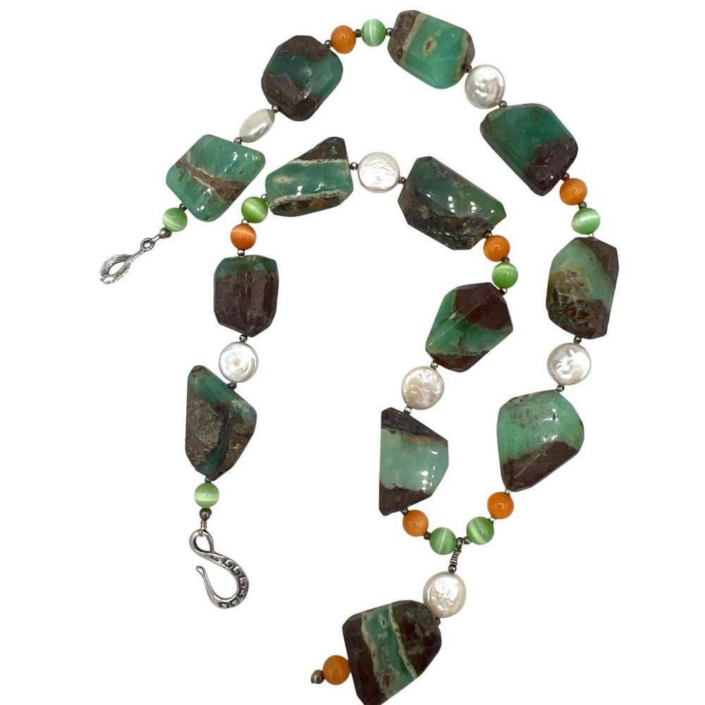 Chrysoprase Nugget Chunky Necklace‎ 925 Hook Faux Pearls Agate Glass Beads 18"